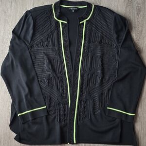 Ming Wang Neon Lime & Black Soutache Knit Jacket | Avant Garde Graphic Blazer 2X